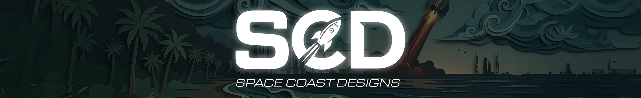 Space Coast Designs banner: SCD monogram over a night scene of palm trees, ocean waves, and a launching rocket