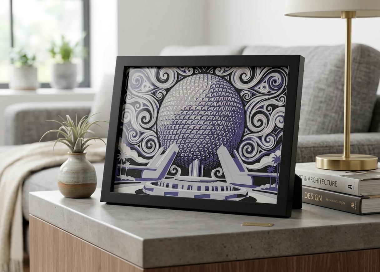 3D Printed Spaceship Earth Art, EPCOT Geodesic Sphere, Topographical Shadowbox Decor — 3D printed by Space Coast Designs